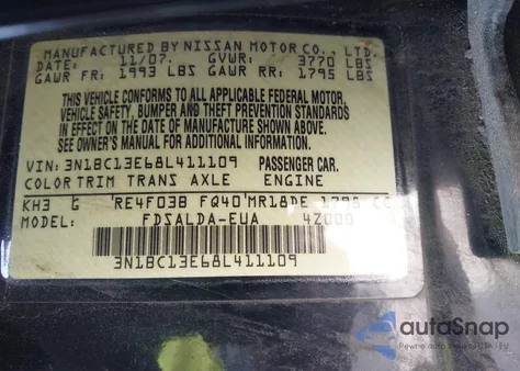 2008 Nissan Versa 1.8S z USA, uszkodzony, nr VIN 3N1BC13E68L411109